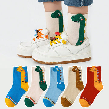 Cartoon Green Dino Pattern 5 Pairs Boy's Short Crew Socks, Breathable Comfy Casual Socks Sweat-absorbing Fashion Socks