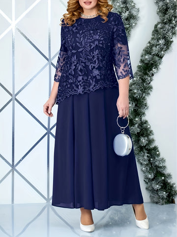 Plus Size Elegant Embroidered Lace Midi Dress for Women - ./MH