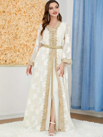 Women's Middle Eastern Abaya Set, V-Neck Long Sleeve '/MH
