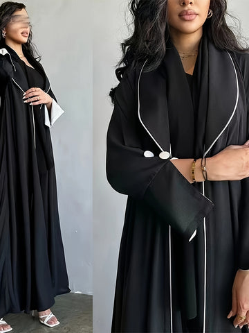 Contrast Trim Lapel Neck Abaya Dress, Elegant Open Front Long Sleeve ./ MH