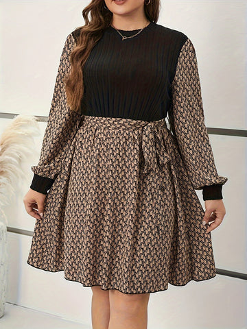 Plus Size Geometric Print Dress, Elegant Crew Neck Long Sleeve Belted Dress./MH