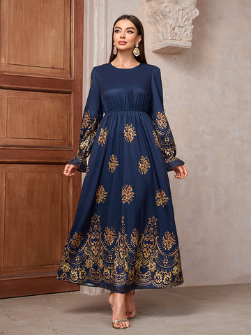 Floral Print Crew Neck Kaftan Dress, Elegant Long Sleeve 'MH