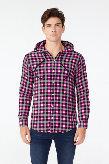 Men's Pink, Black & Grey Plaid Hooded Flannel Shirt