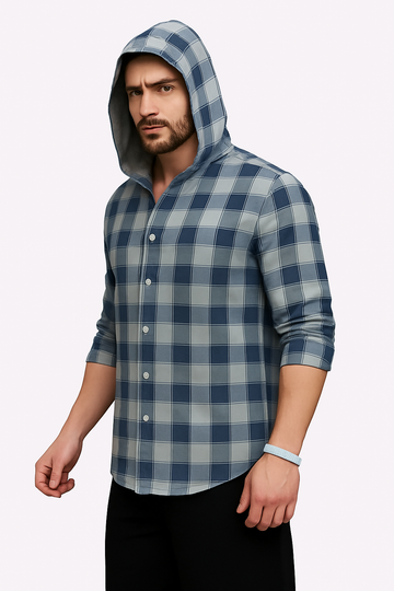 "Men’s Blue & Grey Checkered Hooded Casual Shirt – Full Sleeve"/MH