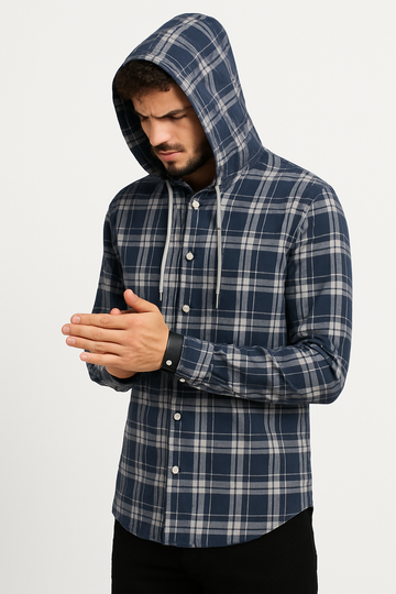 "Men’s Navy Blue Checkered Hooded Casual Shirt – Full Sleeve /MH