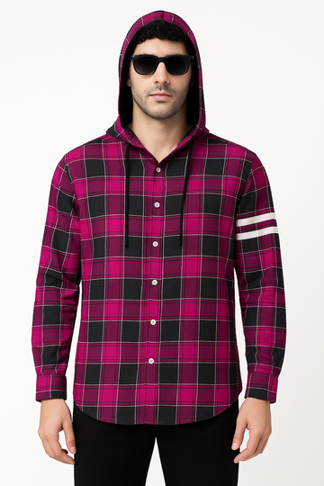 "Men’s Magenta & Black Plaid Hoodie Shirt/MH