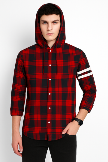 "Men’s Red & Black Plaid Hoodie Shirt"