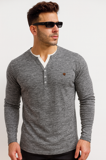 "Charcoal Gray V-Neck Henley – Men’s Long Sleeve/MH