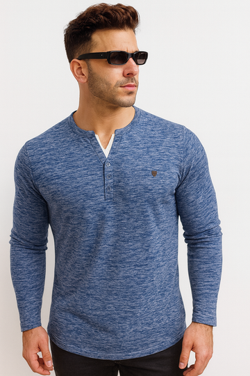 "Men’s Blue Melange V-Neck Henley Long Sleeve" / MH