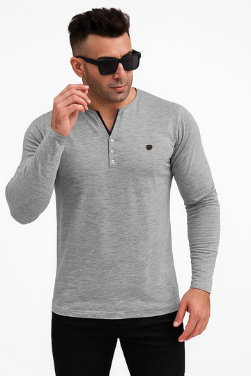 "Men’s Light Gray V-Neck Henley Long Sleeve Shirt /MH