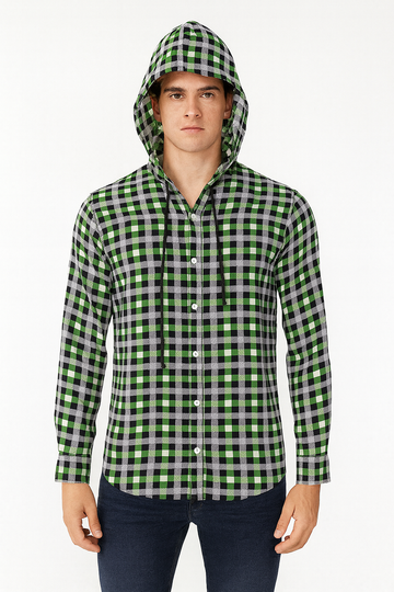 "Men's Green, Black & White Plaid Hooded Flannel Shirt – Front View"