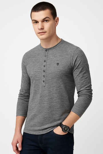 Men’s 7-Button Henley Long Sleeve T-Shirt – Charcoal Heather/MH