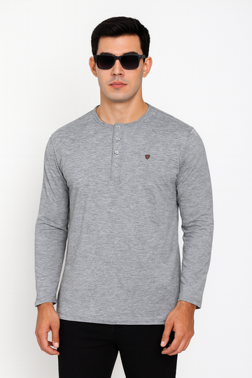 "Men’s 4-Button Full Sleeve Henley T-Shirt – Grey/MH