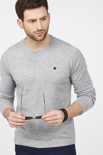 "Men’s Five-Button Full Sleeve Henley Shirt – Light Grey" /MH