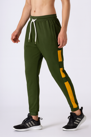 Men’s Olive Green Joggers with Yellow Stripe Panels. /MH