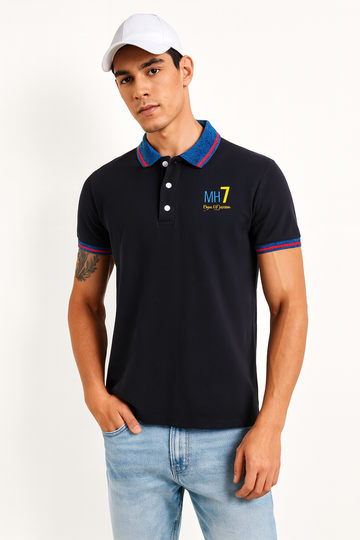Navy Polo Shirt with Contrast Collar & Logo Detailing'