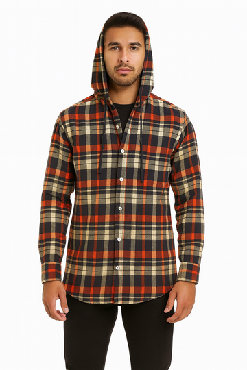 "Men's Checkered Hooded Casual Shirt – Red, Navy & Yellow Plaid"