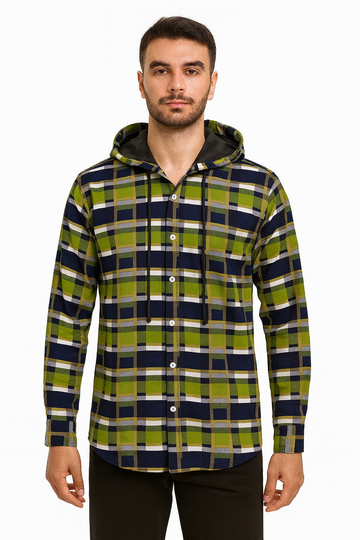 Men’s Green & Navy Plaid Hooded Button-Up Shirt
