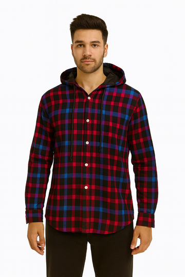 "Men’s Red & Blue Plaid Hooded Button-Up Shirt"
