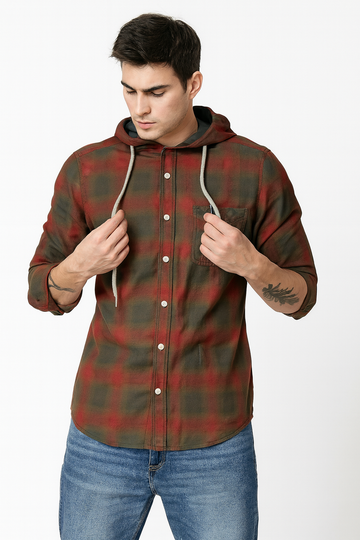 "Men’s Red & Olive Checkered Hooded Casual Shirt – Full Sleeve" / MH