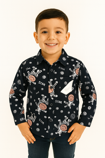 Starlight Zebra: Boys’ Navy Print Button-Down Shirt