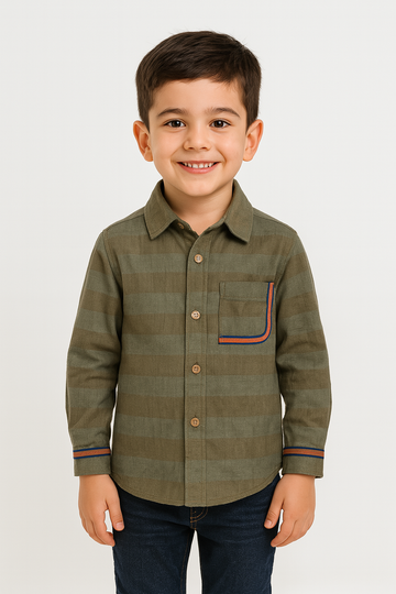 Olive Horizon: Boys’ Striped Long-Sleeve Button-Down with Contrast Pocket Shirt I MH