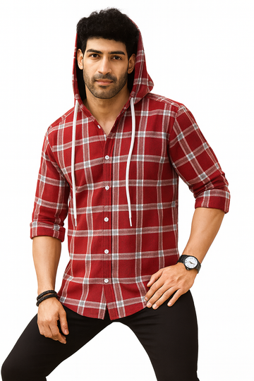 "Men’s Maroon & White Checkered Hooded Casual Shirt – Full Sleeve/ MH
