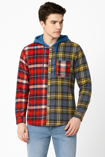 "Men’s Colorblock Plaid Flannel Shirt with Blue Hood"/MH