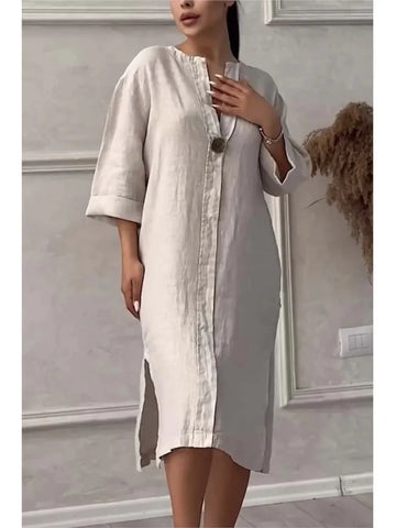 Elegant O-neck Long-sleeved Button Dress For Women ./ MH