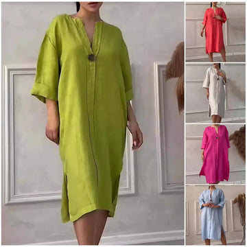 Summer Women Dress V Neck Side Split Loose Pullover Button women fashion'/MH