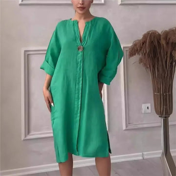 Elegant O-neck Long-sleeved Button Dress For Women's ./ MH