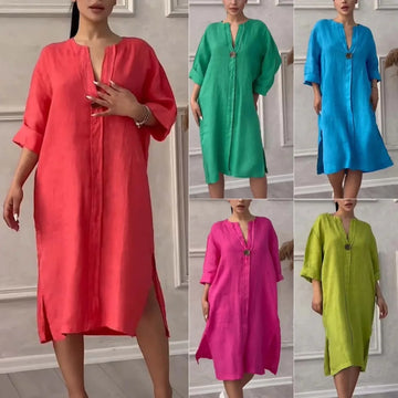 Women's New Cotton and Linen Solid Color Casual Round Neck Button Long Dress./MH