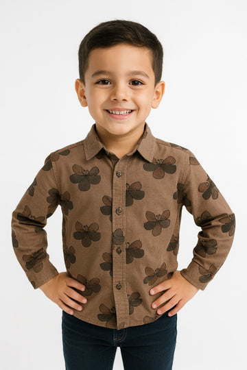Boys' Floral Print Shirt – Coffee Brown Casual Cotton MH