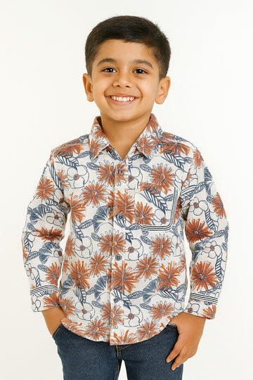 Boys' Floral Garden Shirt – White with Orange & Navy Print MH