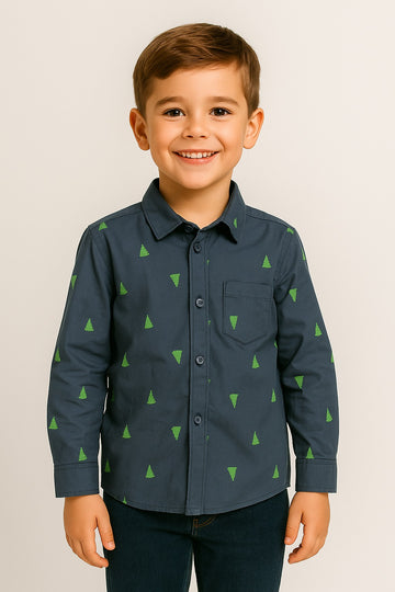 Boys' Navy Blue Shirt with Green Tree Print MH