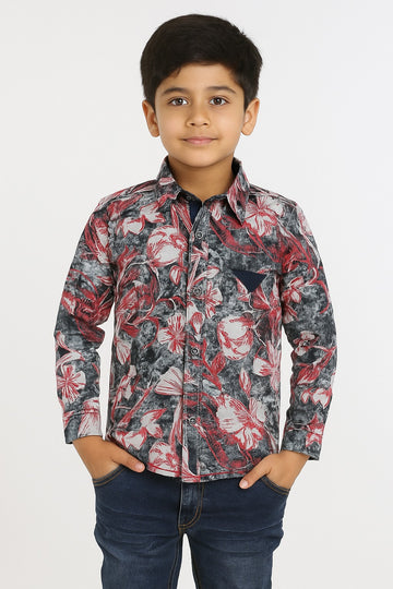 Boys' Charcoal Gray Floral Print Cotton Shirt MH