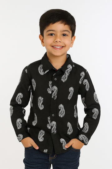 "Boys' Black Cotton Shirt with White Paisley Print MH