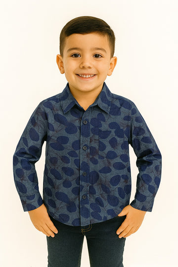 Midnight Leaf Print Cotton Shirt for Boys MH