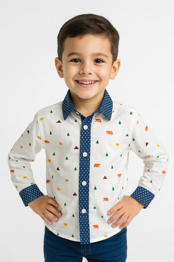 Starlight Safari: Boys’ Navy Forest-Print Button-Down Shirt MH