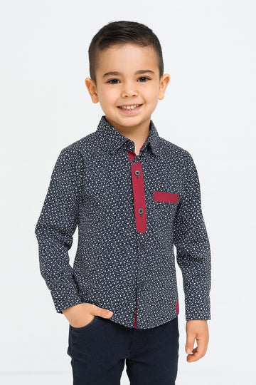 "Boys' Navy Blue Cotton Shirt with Maroon Accents and Micro Floral Print /MH
