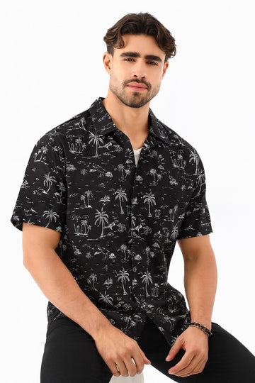 Men's Black Tropical Print Short Sleeve Cotton Shirt / M