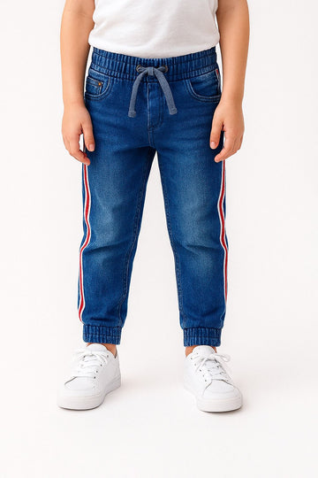 Boys' Blue Denim Jogger Pants with Side Stripe Detail"/MH