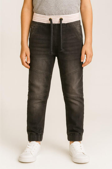 "Boys’ Black Denim Jogger Pants with Ribbed Waistband and Drawstring"/MH