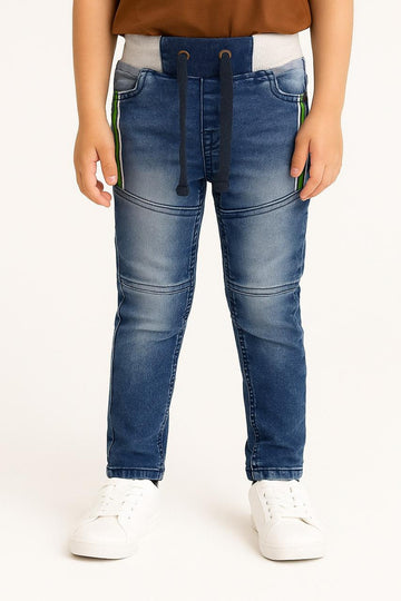 "Boys' Blue Washed Denim Joggers with Contrast Waistband and Side Stripe Detail /MH