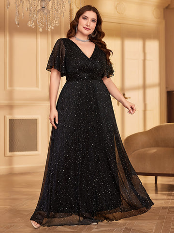 Elegant Long Party Evening Dress with a V-Neck, Ruffled Sleeves, /MH
