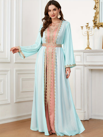 Contrast Lace Long Sleeve Kaftan Dress, Elegant V Neck '/MH