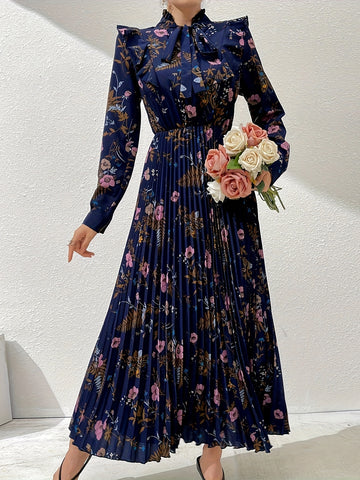 Floral Print Tie Neck Ruffle Trim Kaftan Dress, Elegant Long Sleeve '/MH