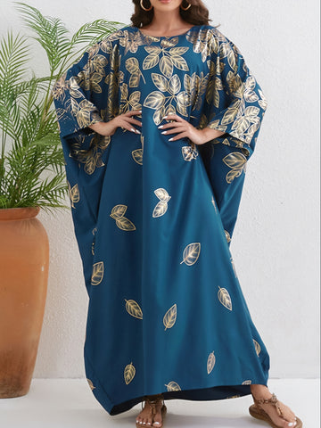Leaf Print Crew Neck Kaftan, Elegant Batwing Sleeve'/MH