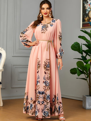 Floral Print Long Sleeve Kaftan Dress, women fashion'/MH
