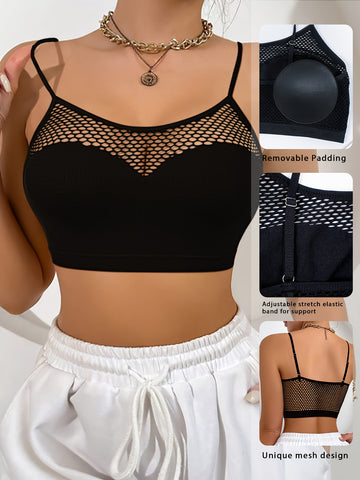 1pc Solid Color Hollow Stretch Mesh Tank Top Bra & With Removable Pads & Women's Lingerie & Underwear